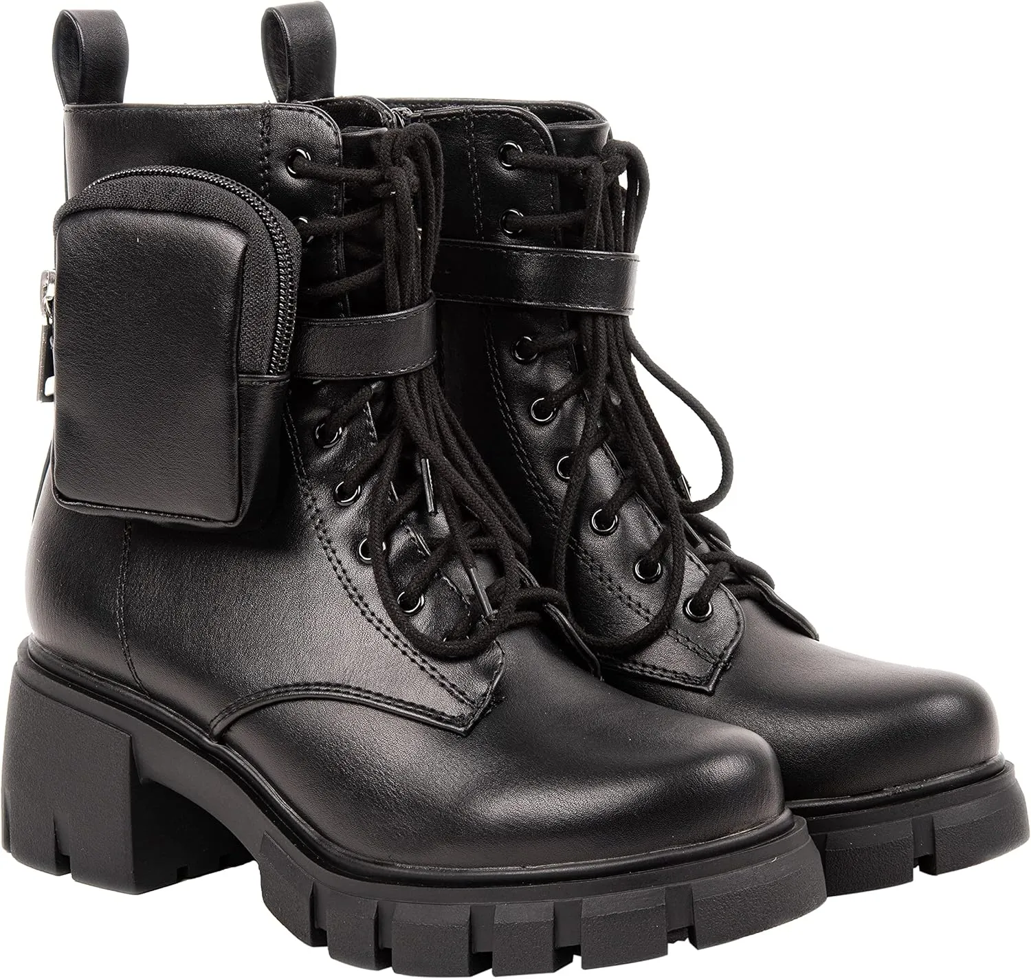 ~ POCKET ~ Platform Boots Chunky Block Heels Lug Sole Lace Up Round Toe Bootie Ankle Combat