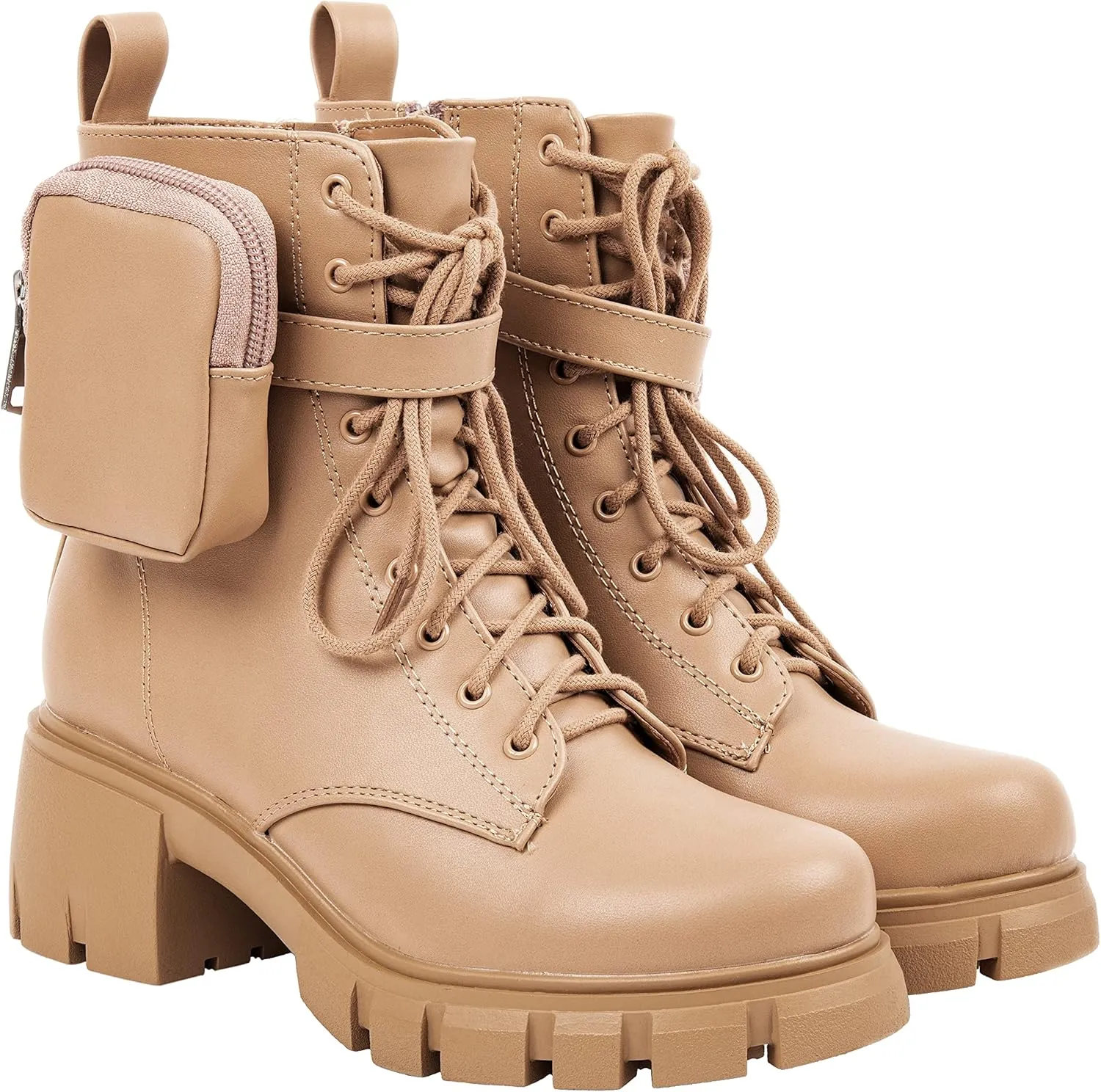 ~ POCKET ~ Platform Boots Chunky Block Heels Lug Sole Lace Up Round Toe Bootie Ankle Combat