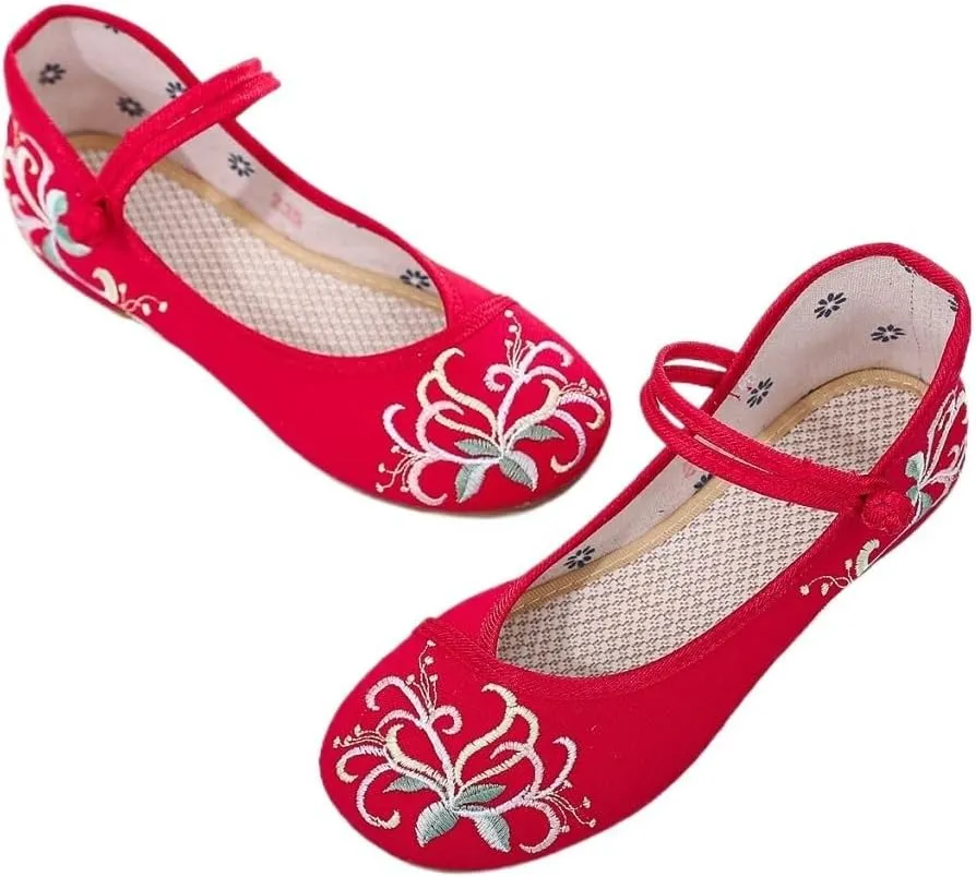 2024 Chinese Style Hanfu Shoes Handmade Flower Embroidered Flats Shoes Retro Classic Ankle Strap Shoes Cheongsam Walk Show Yoga Ballet Shoes for Women(Color:Red,Size:7)