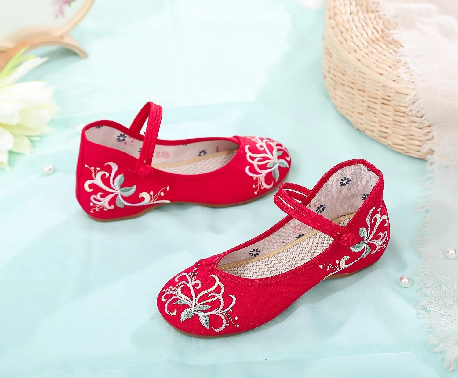 2024 Chinese Style Hanfu Shoes Handmade Flower Embroidered Flats Shoes Retro Classic Ankle Strap Shoes Cheongsam Walk Show Yoga Ballet Shoes for Women(Color:Red,Size:7)