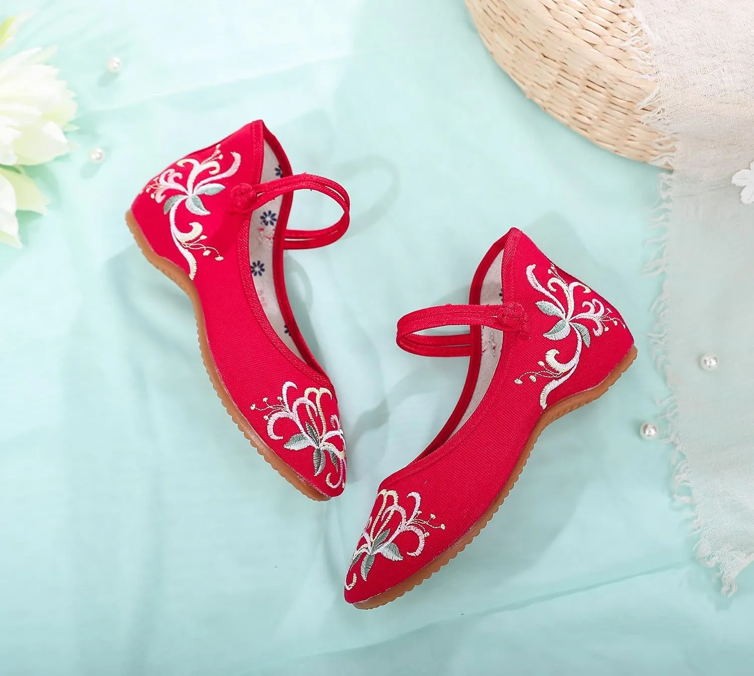 2024 Chinese Style Hanfu Shoes Handmade Flower Embroidered Flats Shoes Retro Classic Ankle Strap Shoes Cheongsam Walk Show Yoga Ballet Shoes for Women(Color:Red,Size:7)