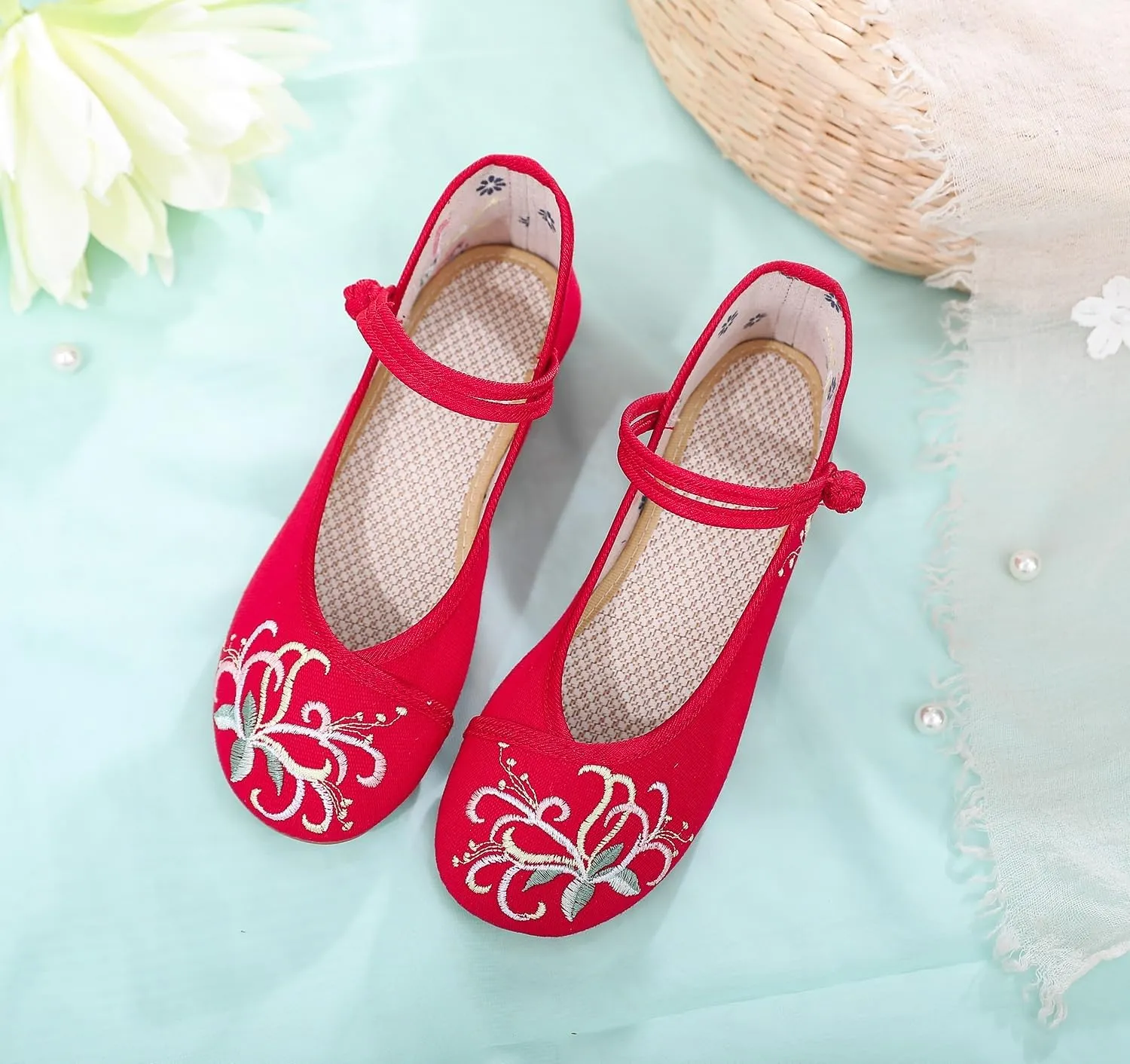 2024 Chinese Style Hanfu Shoes Handmade Flower Embroidered Flats Shoes Retro Classic Ankle Strap Shoes Cheongsam Walk Show Yoga Ballet Shoes for Women(Color:Red,Size:7)