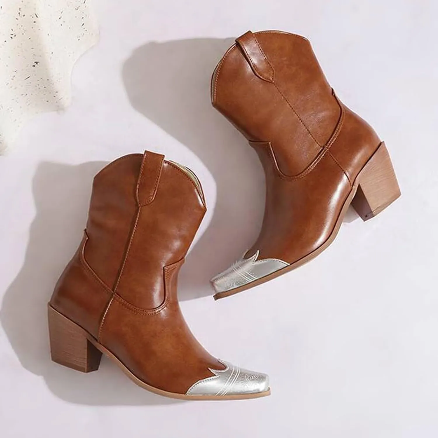 Agodor Women's Vintage Western Boots Cowgirl Ankle Booties Fashion Split Joint Square Toe, Chunky Block Heels with Side Zipper Short Cowboy Booties