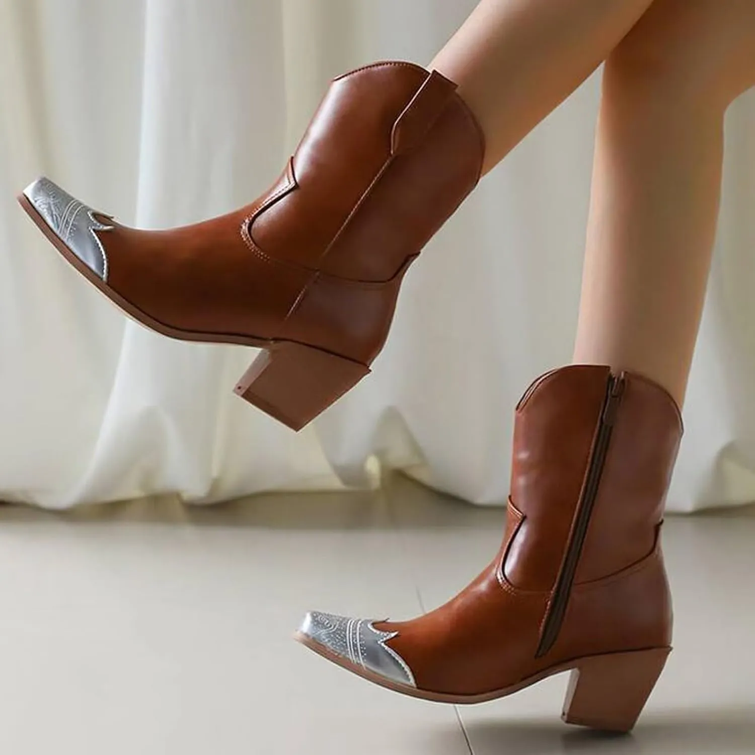 Agodor Women's Vintage Western Boots Cowgirl Ankle Booties Fashion Split Joint Square Toe, Chunky Block Heels with Side Zipper Short Cowboy Booties