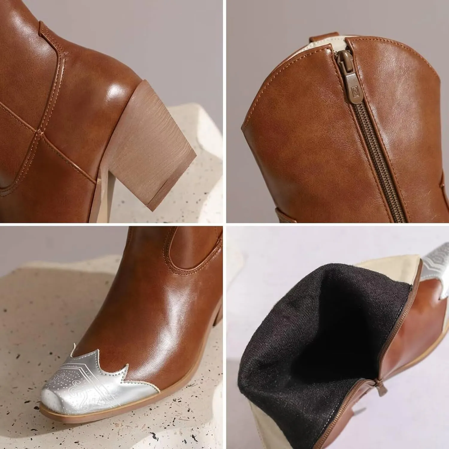Agodor Women's Vintage Western Boots Cowgirl Ankle Booties Fashion Split Joint Square Toe, Chunky Block Heels with Side Zipper Short Cowboy Booties