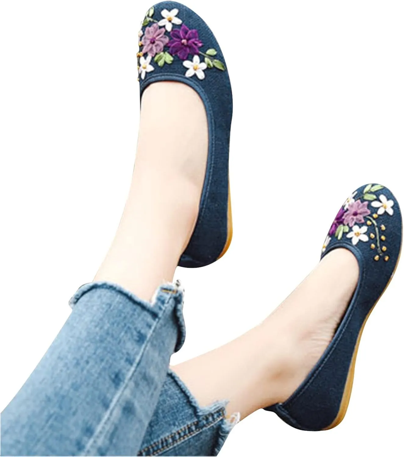 AMDBEL Ballet Flats Shoes for Women Dressy, Women Flat Dress Shoes Flower Pearl Ballet Shoes Casual Slip On Dress Shoes Flats