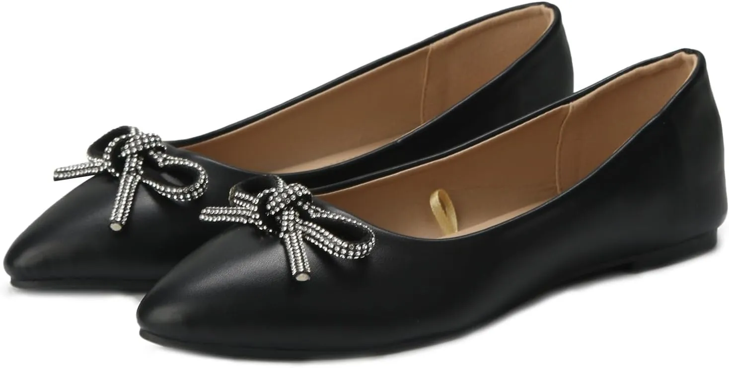 AMDBEL Ballet Flats Shoes for Women Dressy, Womens Flat Dress Shoes Black Ballet Shoes Dress Shoes Pointed Toe Flats with Bow