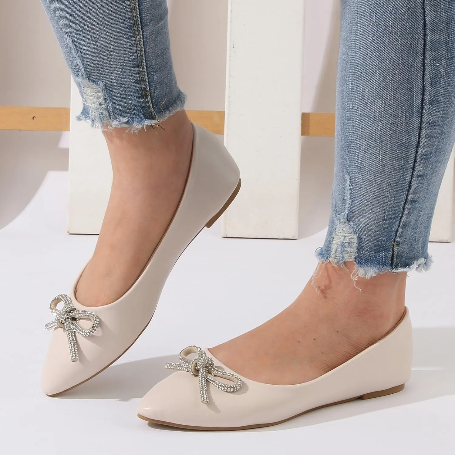 AMDBEL Ballet Flats Shoes for Women Dressy, Womens Flat Dress Shoes Black Ballet Shoes Dress Shoes Pointed Toe Flats with Bow