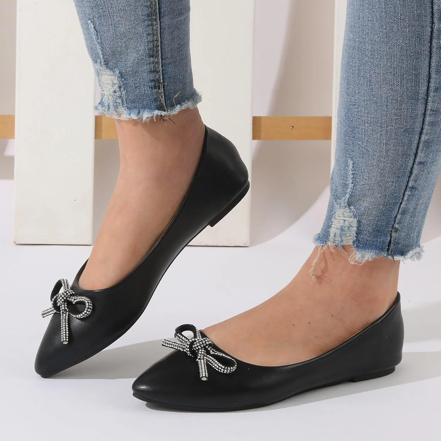 AMDBEL Ballet Flats Shoes for Women Dressy, Womens Flat Dress Shoes Black Ballet Shoes Dress Shoes Pointed Toe Flats with Bow