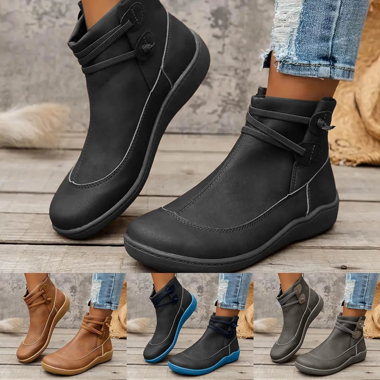 Ankle Boots for Women Low Heel Leather Cowboy Boots Round Toe Vintage Arch Support Western Boots Slip On Booties