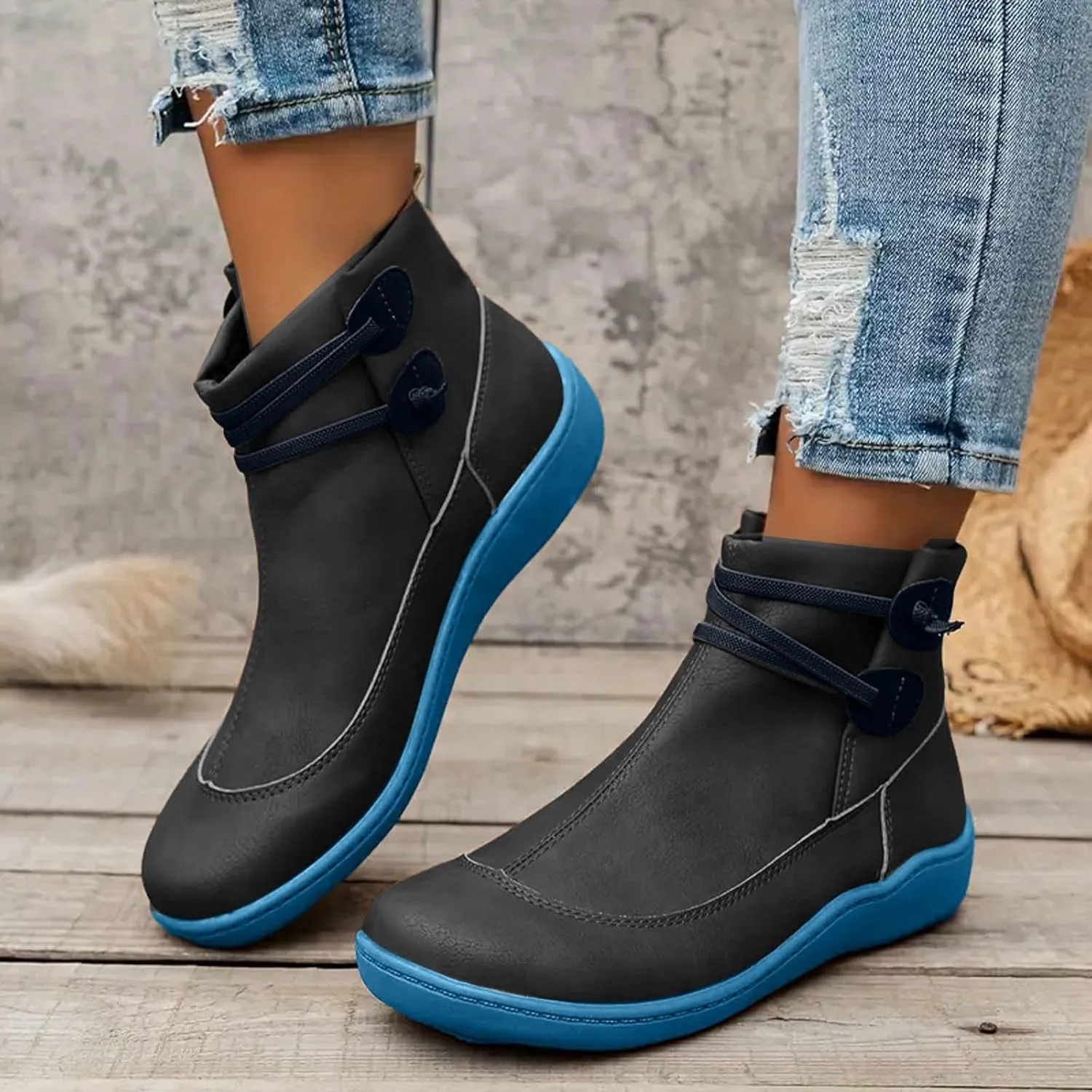 Ankle Boots for Women Low Heel Leather Cowboy Boots Round Toe Vintage Arch Support Western Boots Slip On Booties