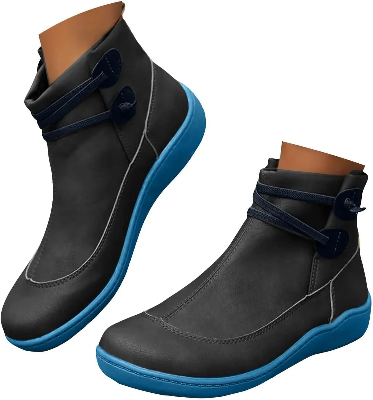 Ankle Boots for Women Low Heel Leather Cowboy Boots Round Toe Vintage Arch Support Western Boots Slip On Booties