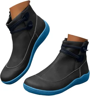 Ankle Boots for Women Low Heel Leather Cowboy Boots Round Toe Vintage Arch Support Western Boots Slip On Booties