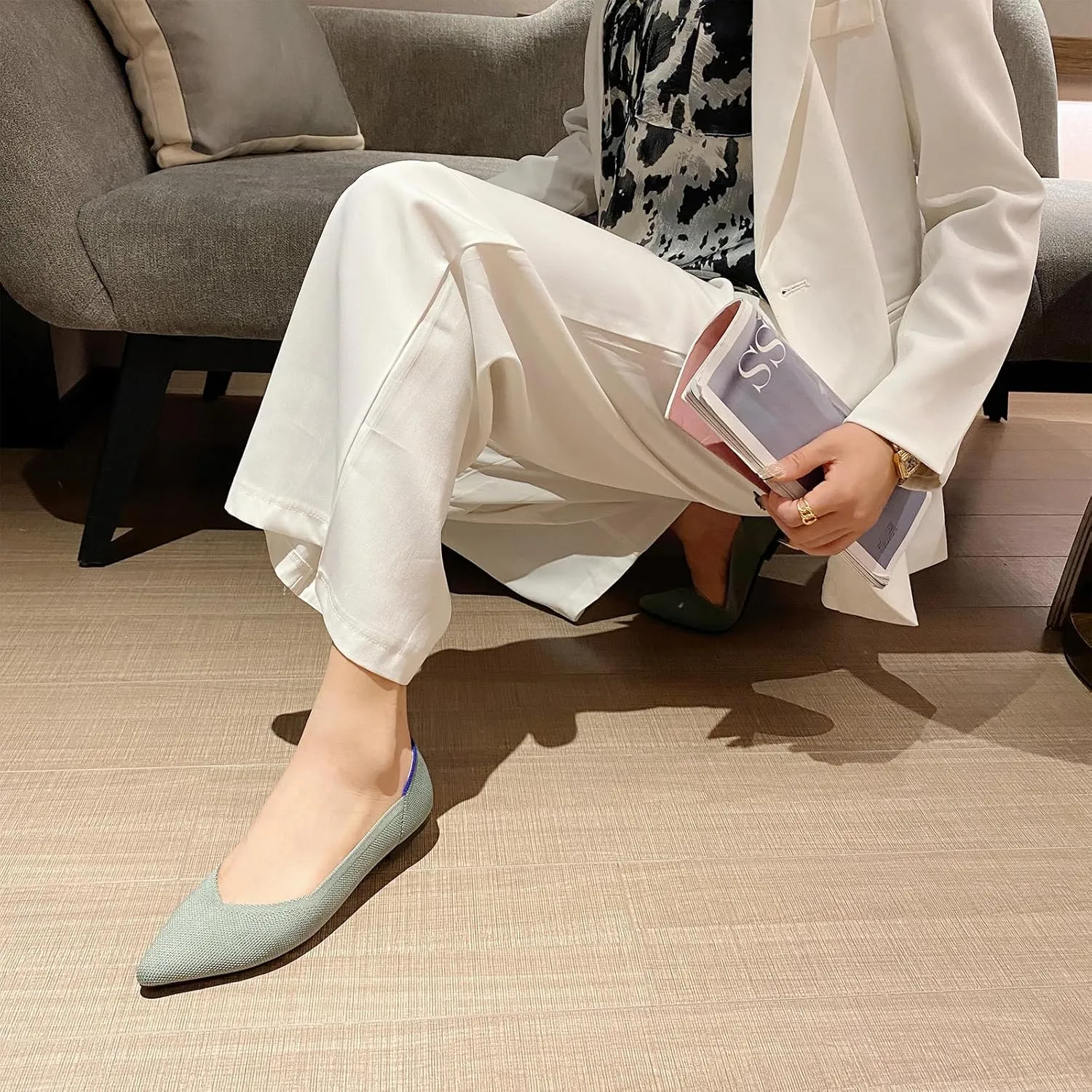 AOQUNFS Women's Ballet Flats Slip On Casual Pointed Toe Knit Flats Dressy Soft Walking Flats Shoes for Daily