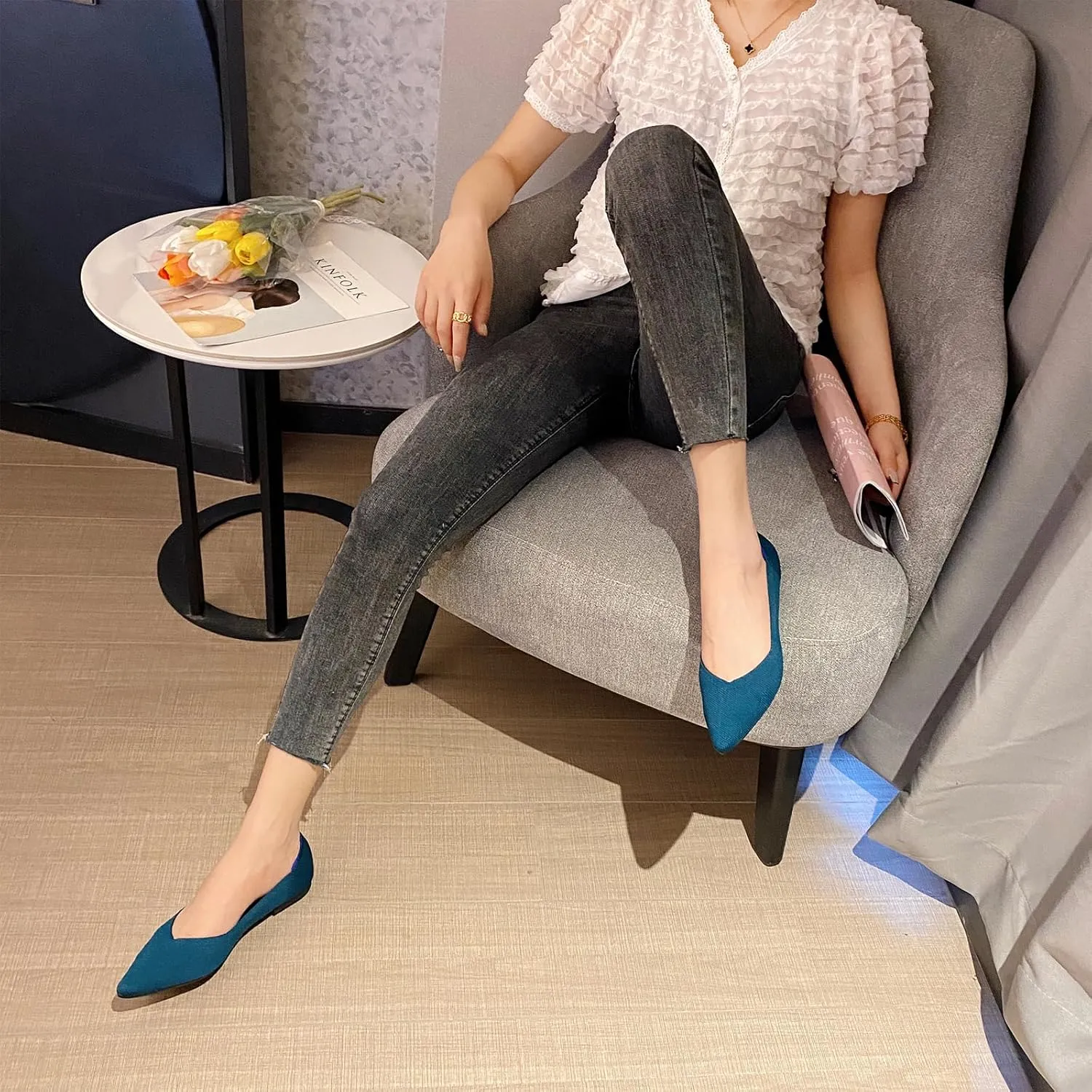 AOQUNFS Women's Ballet Flats Slip On Casual Pointed Toe Knit Flats Dressy Soft Walking Flats Shoes for Daily