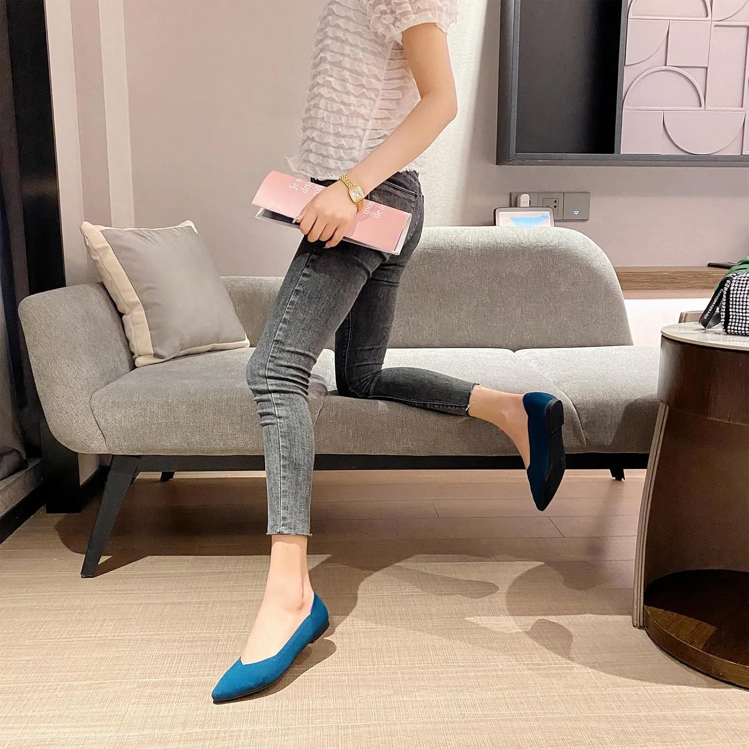 AOQUNFS Women's Ballet Flats Slip On Casual Pointed Toe Knit Flats Dressy Soft Walking Flats Shoes for Daily