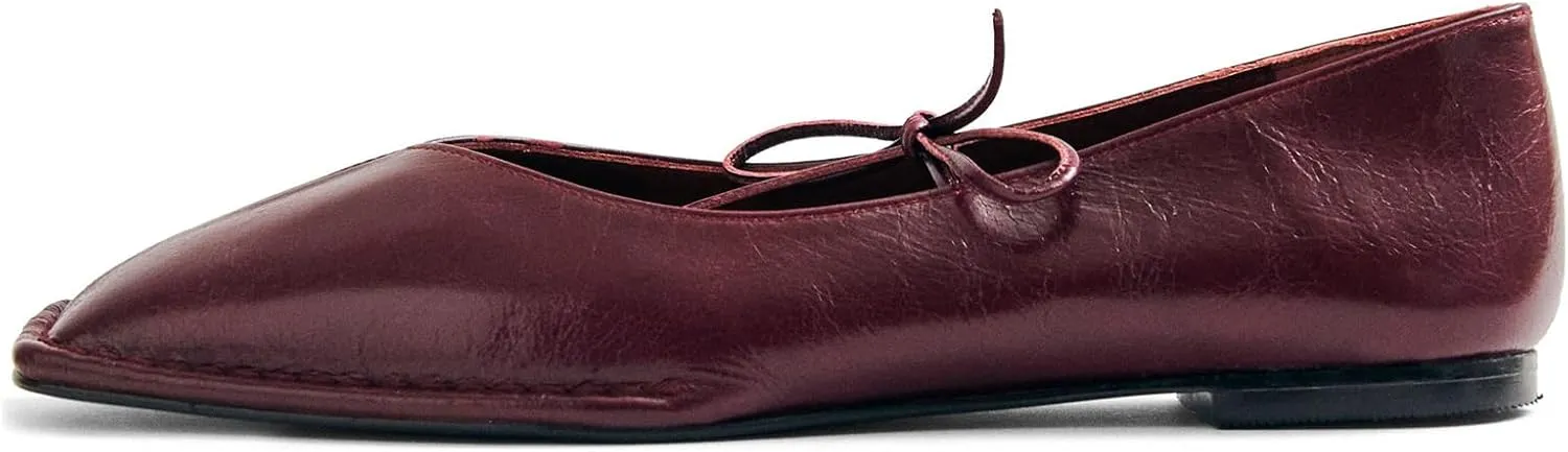 Ballet Flats for Women Lace Up Bow Square Toe Mary Janes Cute Ballerina Shoes Slip On Comfortable Elegant Dress Shoes