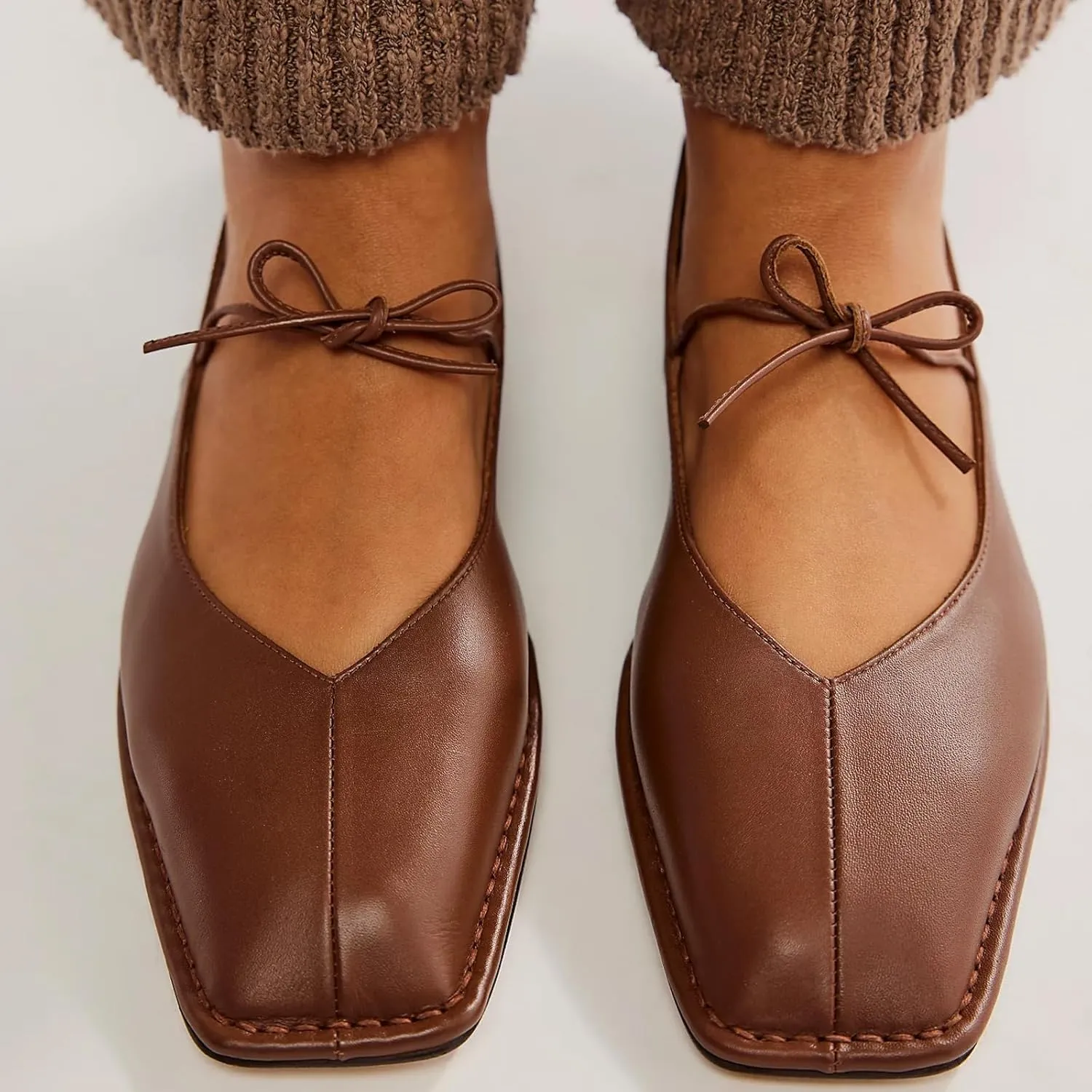 Ballet Flats for Women Lace Up Bow Square Toe Mary Janes Cute Ballerina Shoes Slip On Comfortable Elegant Dress Shoes