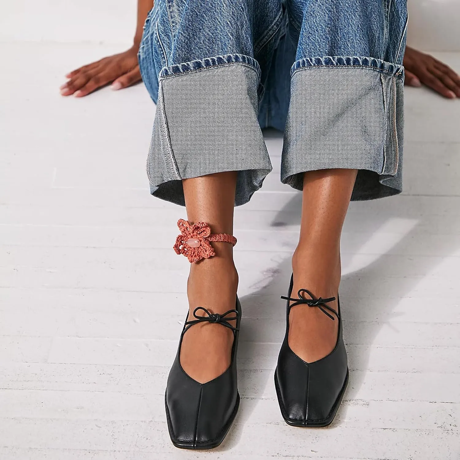Ballet Flats for Women Lace Up Bow Square Toe Mary Janes Cute Ballerina Shoes Slip On Comfortable Elegant Dress Shoes