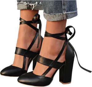 Bcshiye Womens Chunky Ankle Strappy Sandal Pumps Lace Up High Heels Fashion Leather Ankle Strap Round Toe Dressy Sandals