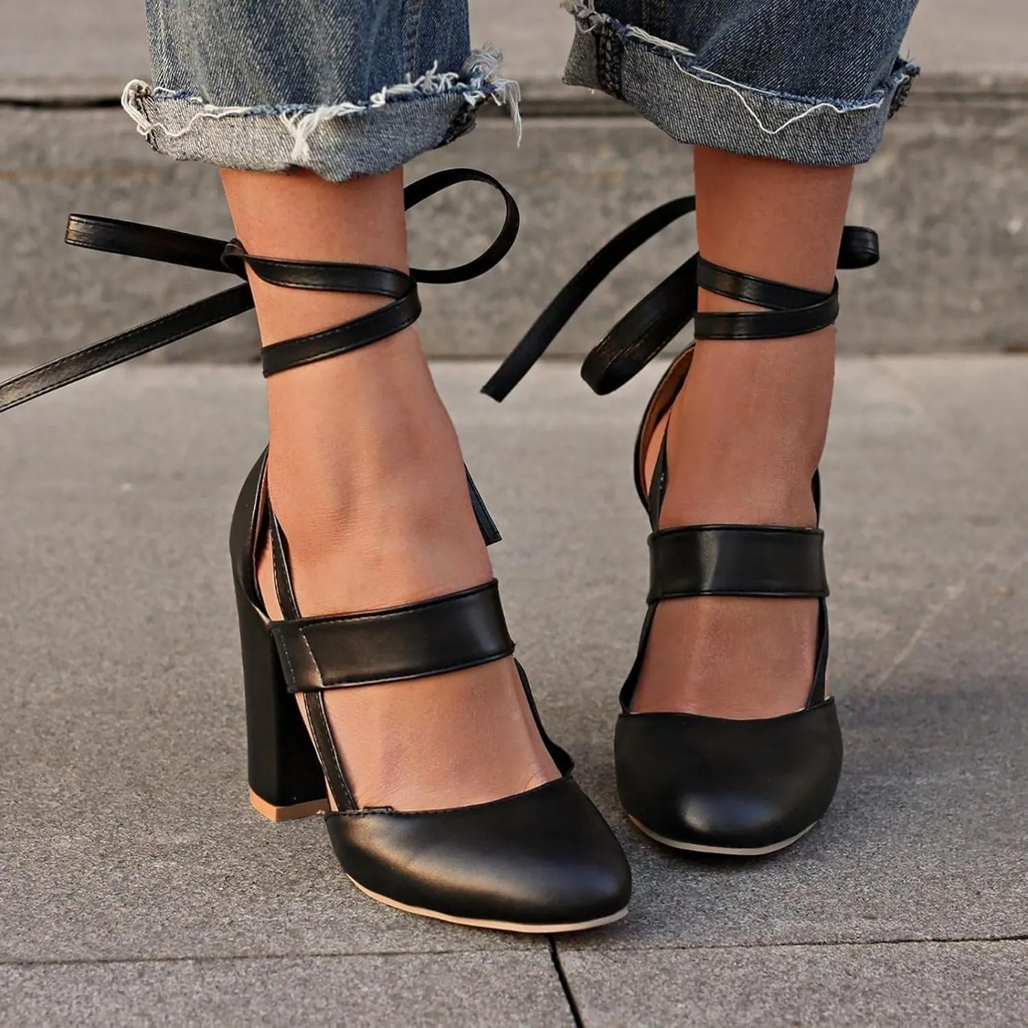 Bcshiye Womens Chunky Ankle Strappy Sandal Pumps Lace Up High Heels Fashion Leather Ankle Strap Round Toe Dressy Sandals