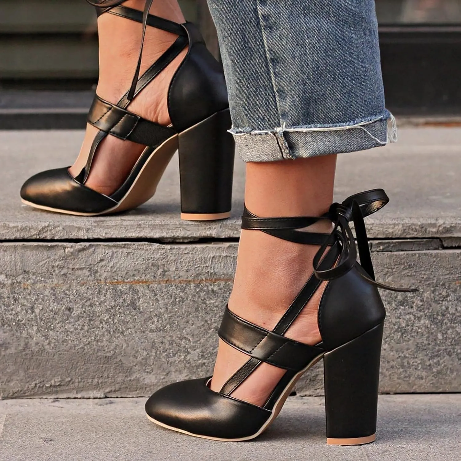 Bcshiye Womens Chunky Ankle Strappy Sandal Pumps Lace Up High Heels Fashion Leather Ankle Strap Round Toe Dressy Sandals