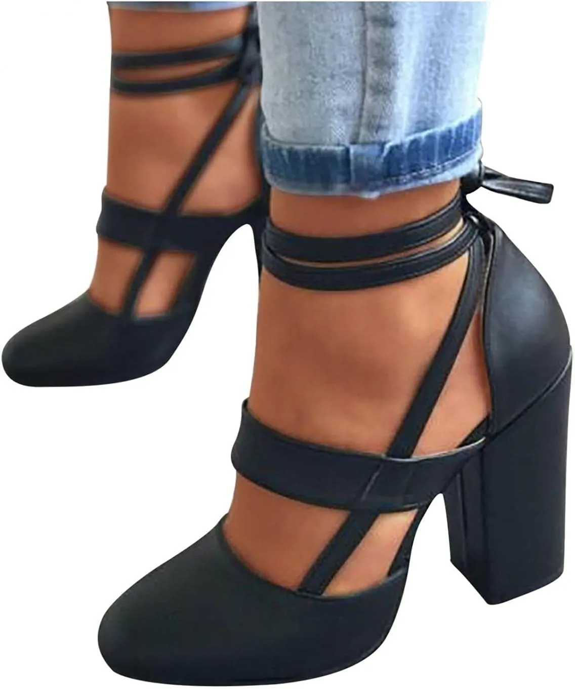 Bcshiye Womens Chunky Ankle Strappy Sandal Pumps Lace Up High Heels Fashion Leather Ankle Strap Round Toe Dressy Sandals