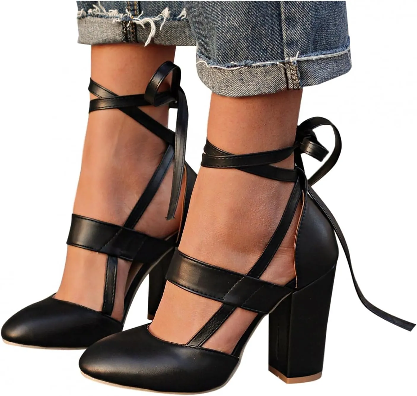 Bcshiye Womens Chunky Ankle Strappy Sandal Pumps Lace Up High Heels Fashion Leather Ankle Strap Round Toe Dressy Sandals
