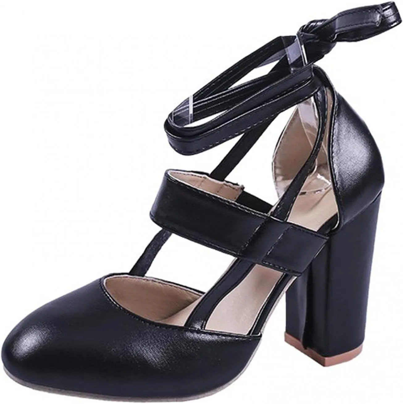 Bcshiye Womens Chunky Ankle Strappy Sandal Pumps Lace Up High Heels Fashion Leather Ankle Strap Round Toe Dressy Sandals
