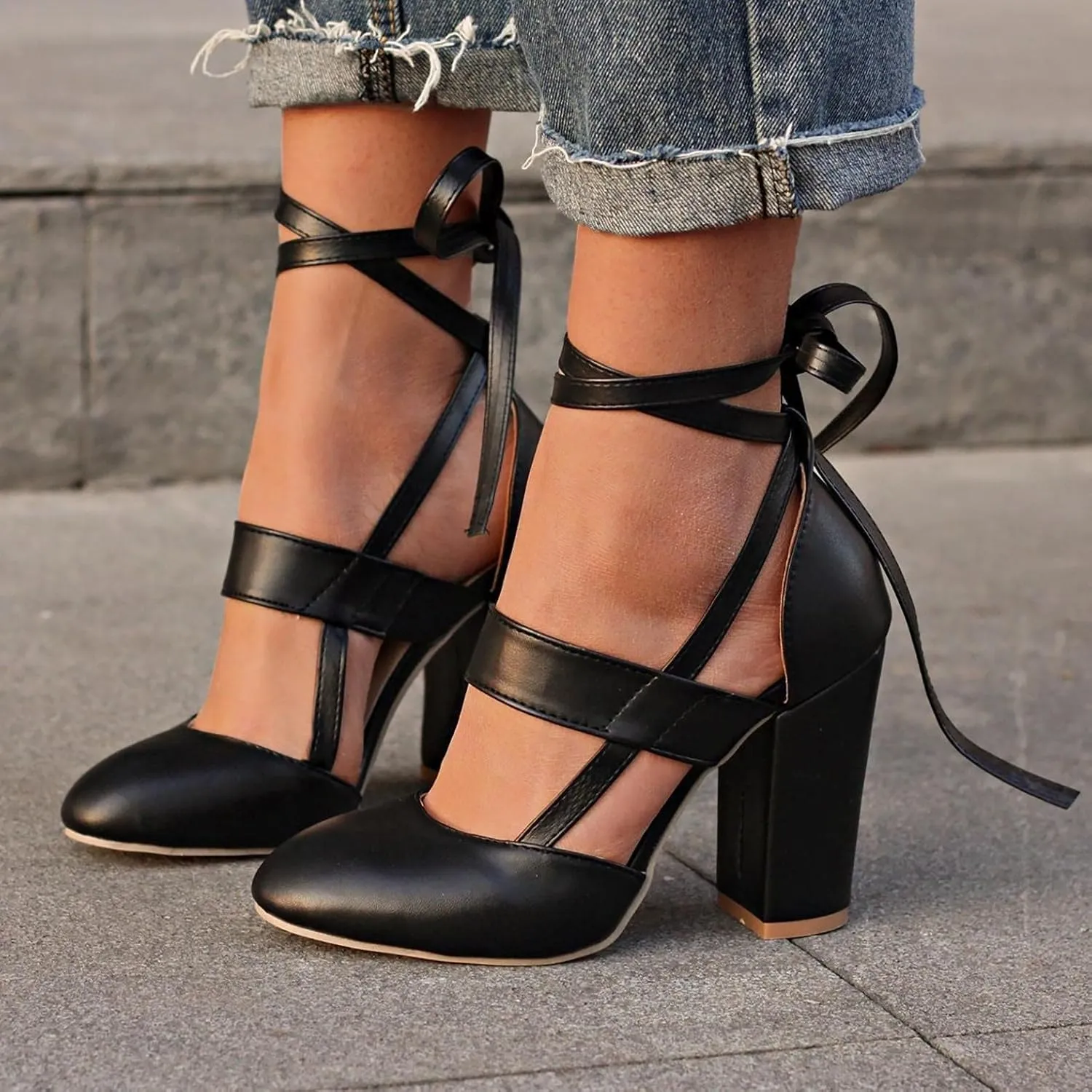 Bcshiye Womens Chunky Ankle Strappy Sandal Pumps Lace Up High Heels Fashion Leather Ankle Strap Round Toe Dressy Sandals