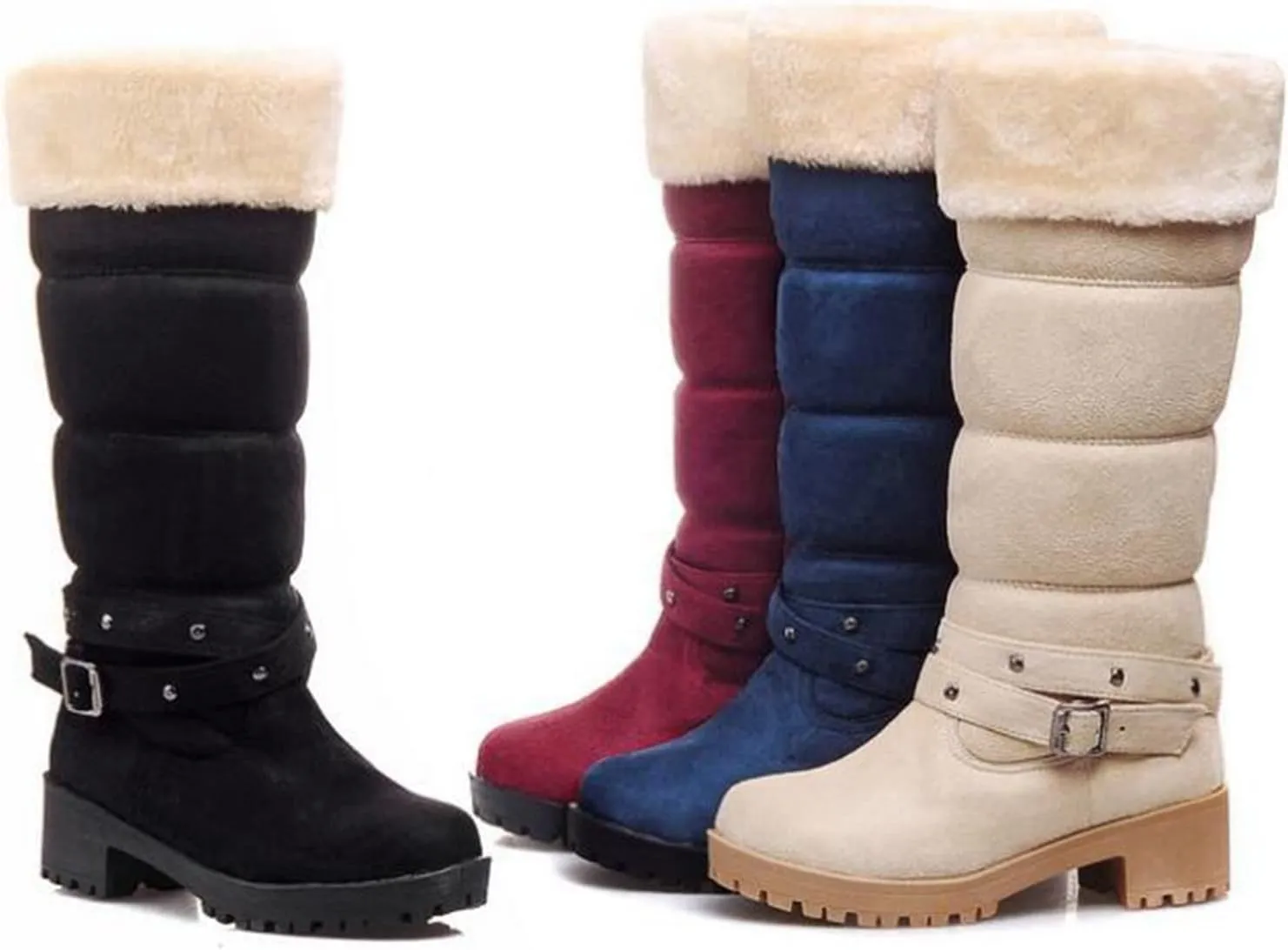 Bcshiye Women's Winter Warm Knee High Snow Boots Fur Lined Chunky Heel Platform Boots Mid-Calf Cold Weather Boots