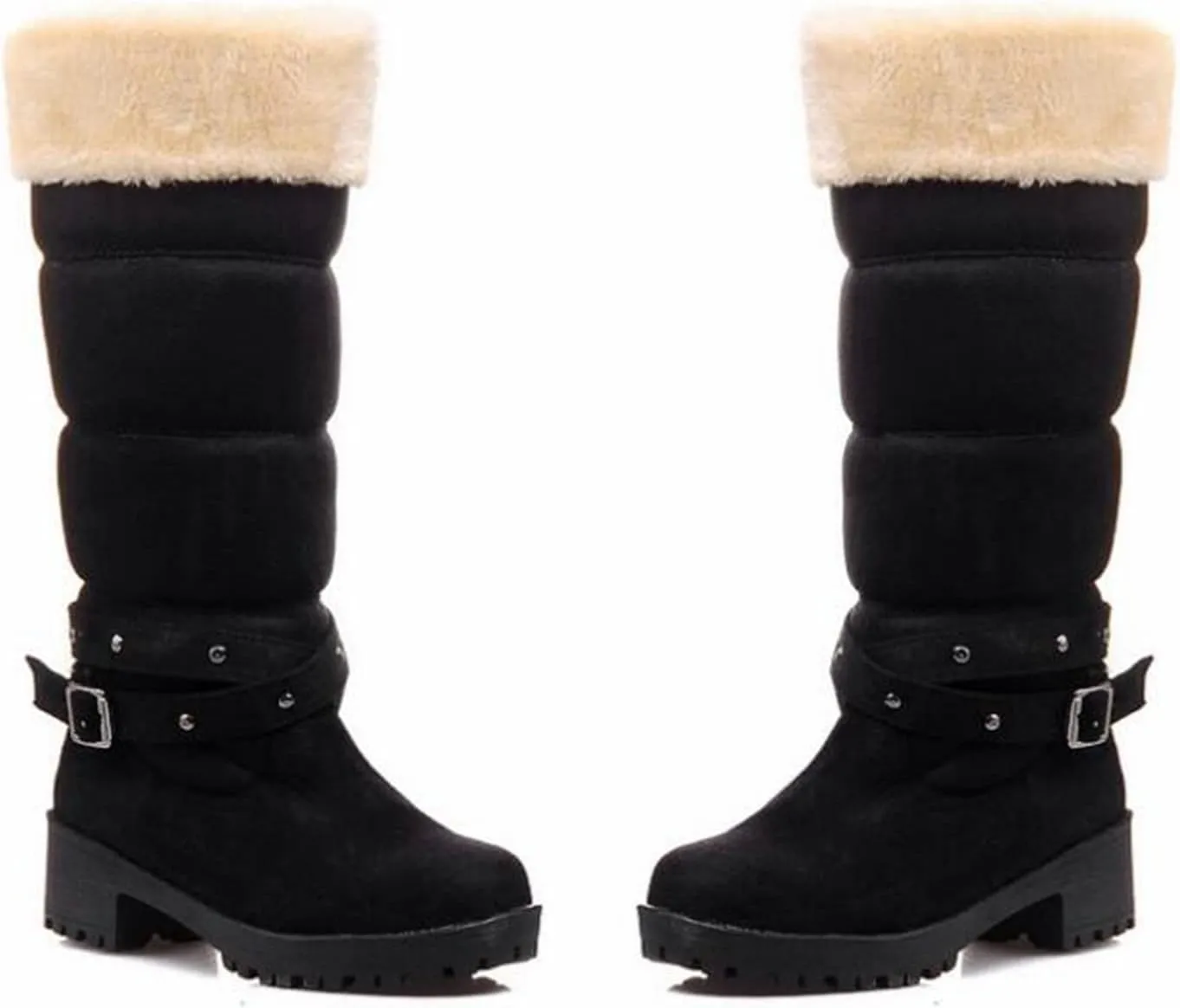 Bcshiye Women's Winter Warm Knee High Snow Boots Fur Lined Chunky Heel Platform Boots Mid-Calf Cold Weather Boots