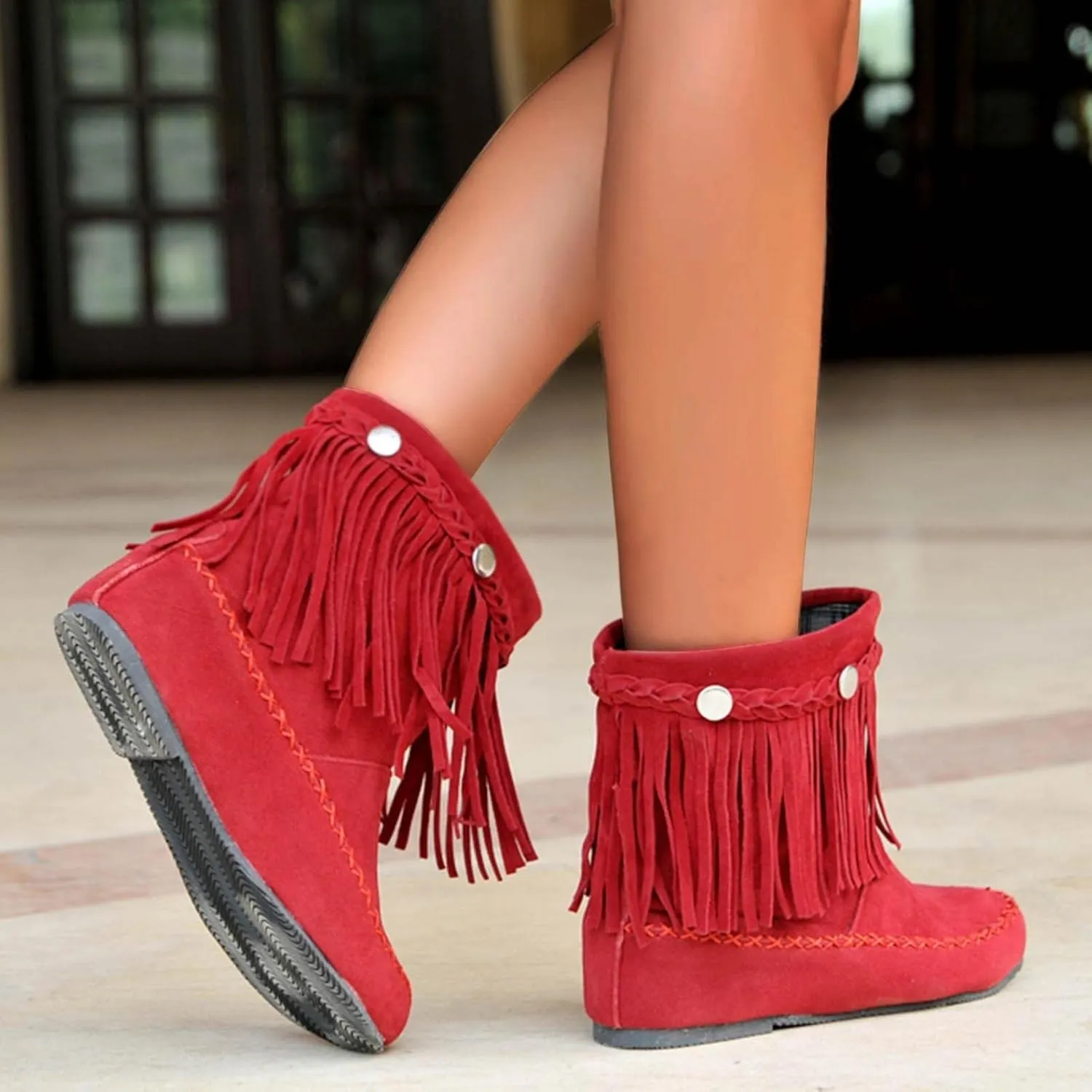 Bcshyie Tassel Ankle Boots for Women Round Toe Flat Heel Suede Fringed Snow Boots Warm Winter Boots Party Booties
