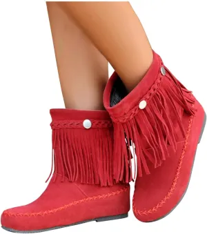 Bcshyie Tassel Ankle Boots for Women Round Toe Flat Heel Suede Fringed Snow Boots Warm Winter Boots Party Booties