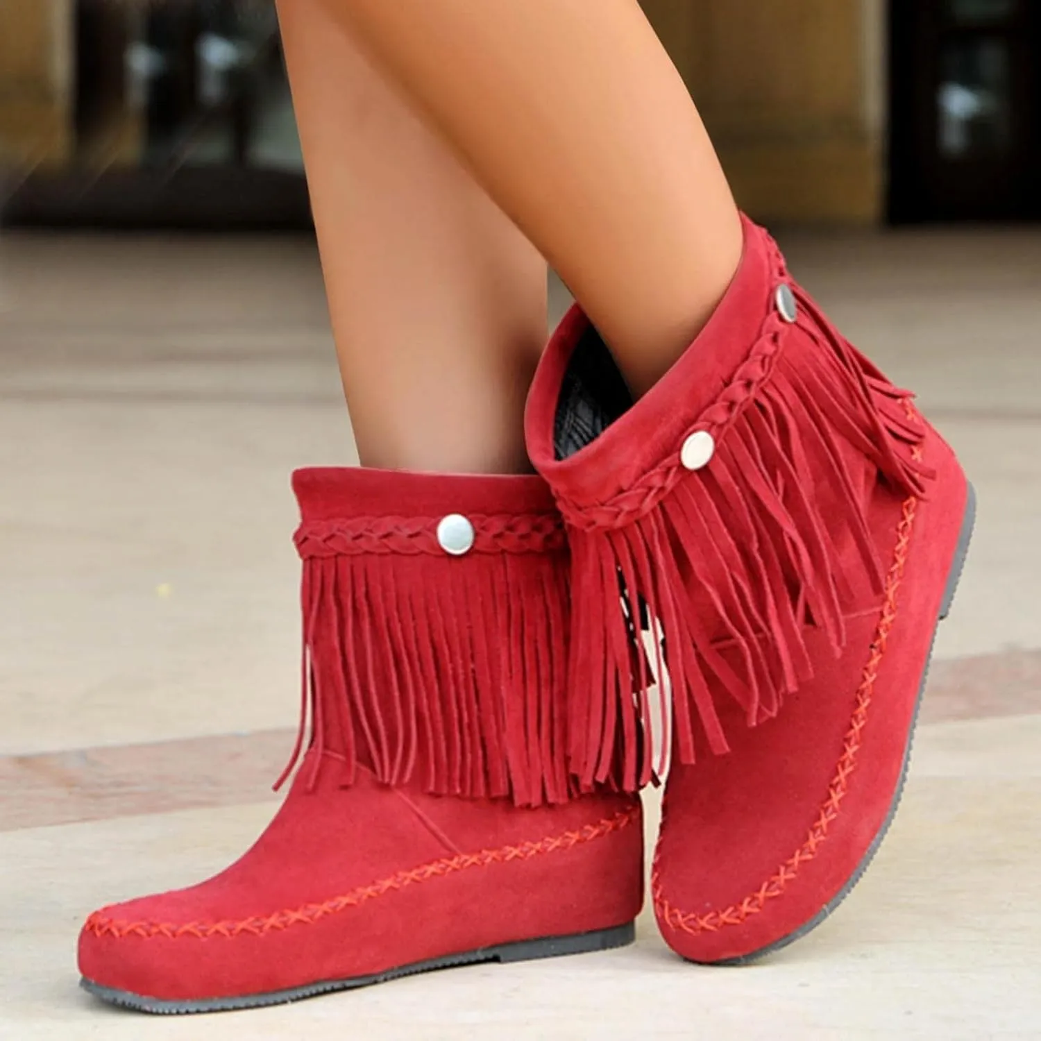 Bcshyie Tassel Ankle Boots for Women Round Toe Flat Heel Suede Fringed Snow Boots Warm Winter Boots Party Booties