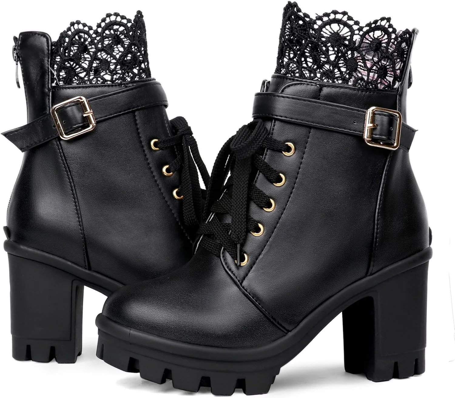 BEAUPAS Women's Chunky Platform High Heel Boots Lace Up Gothic Ankle Booties Block Heel Buckle Punk Shoes