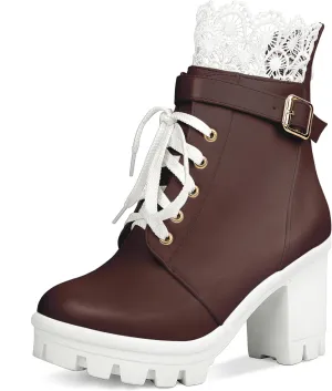 BEAUPAS Women's Chunky Platform High Heel Boots Lace Up Gothic Ankle Booties Block Heel Buckle Punk Shoes