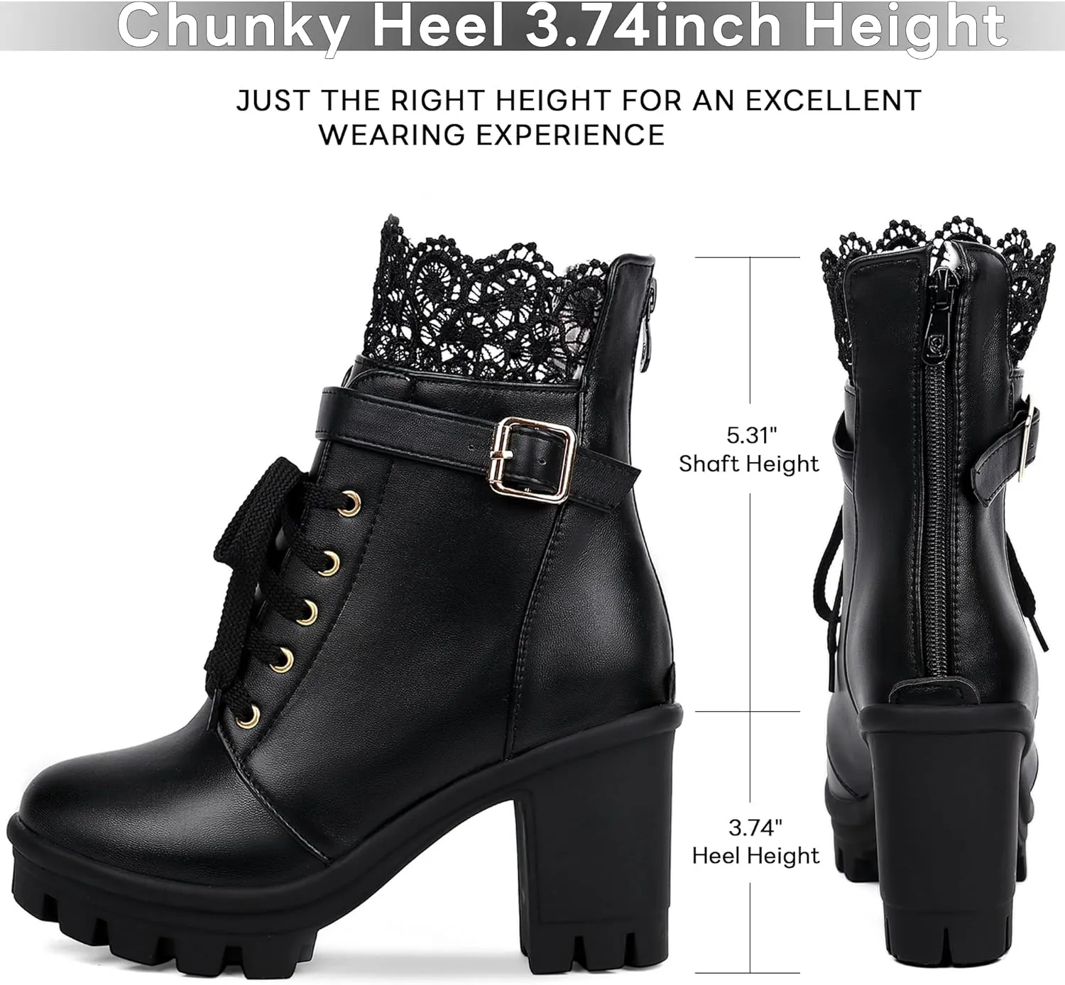 BEAUPAS Women's Chunky Platform High Heel Boots Lace Up Gothic Ankle Booties Block Heel Buckle Punk Shoes