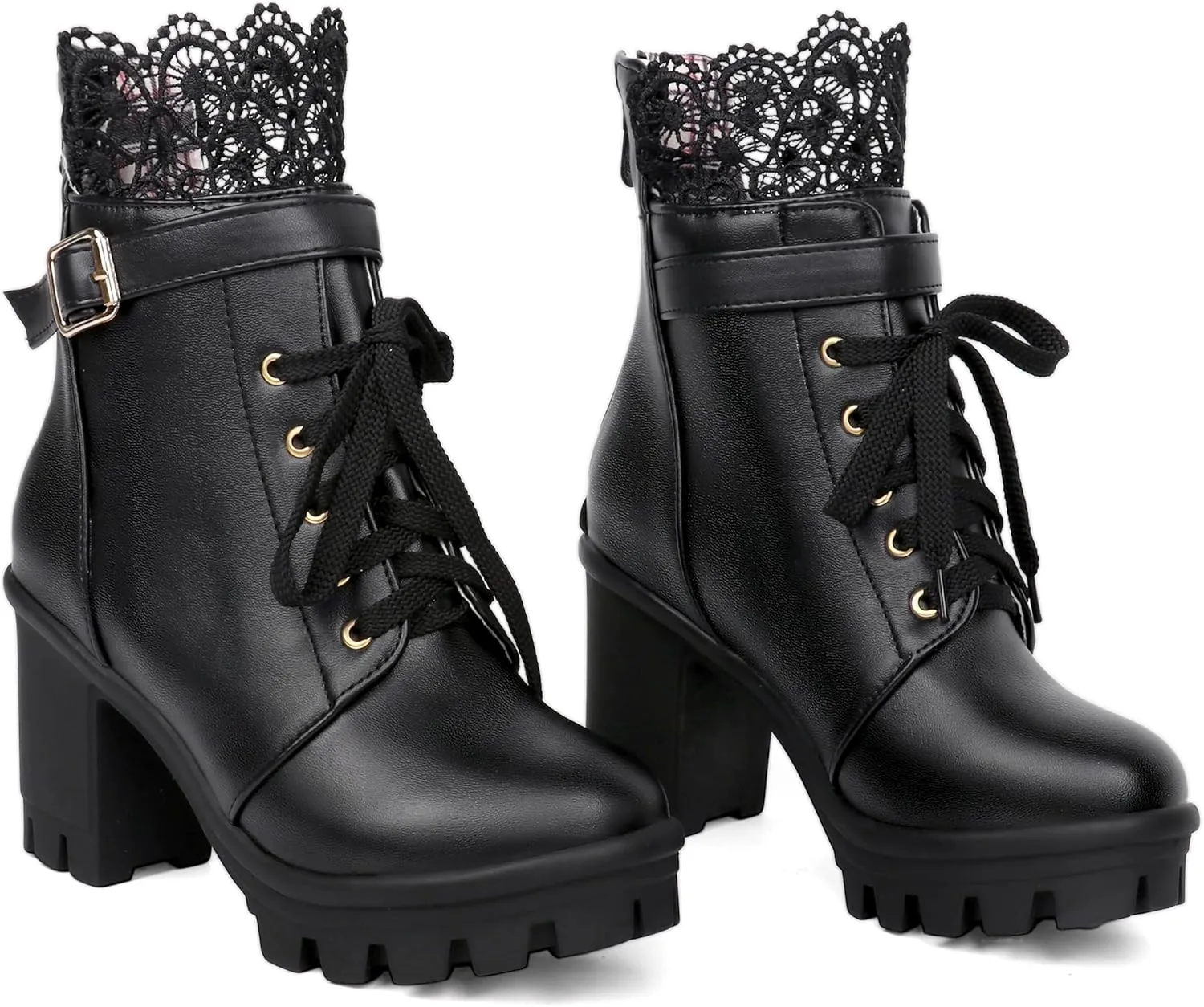 BEAUPAS Women's Chunky Platform High Heel Boots Lace Up Gothic Ankle Booties Block Heel Buckle Punk Shoes