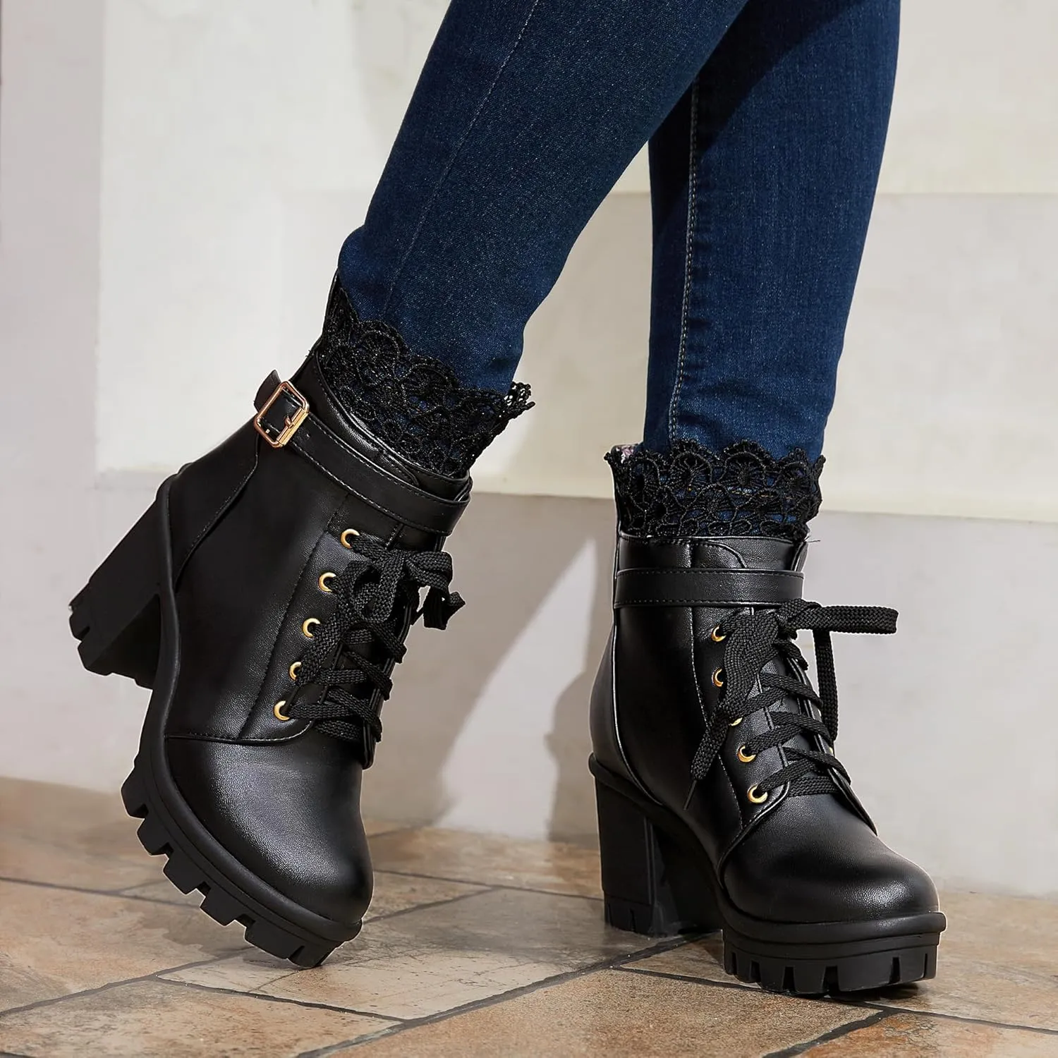 BEAUPAS Women's Chunky Platform High Heel Boots Lace Up Gothic Ankle Booties Block Heel Buckle Punk Shoes