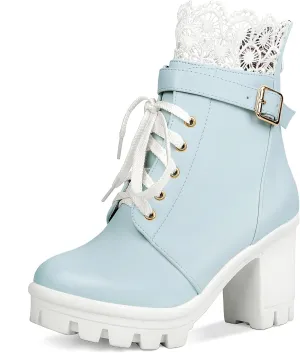 BEAUPAS Women's Chunky Platform High Heel Boots Lace Up Gothic Ankle Booties Block Heel Buckle Punk Shoes