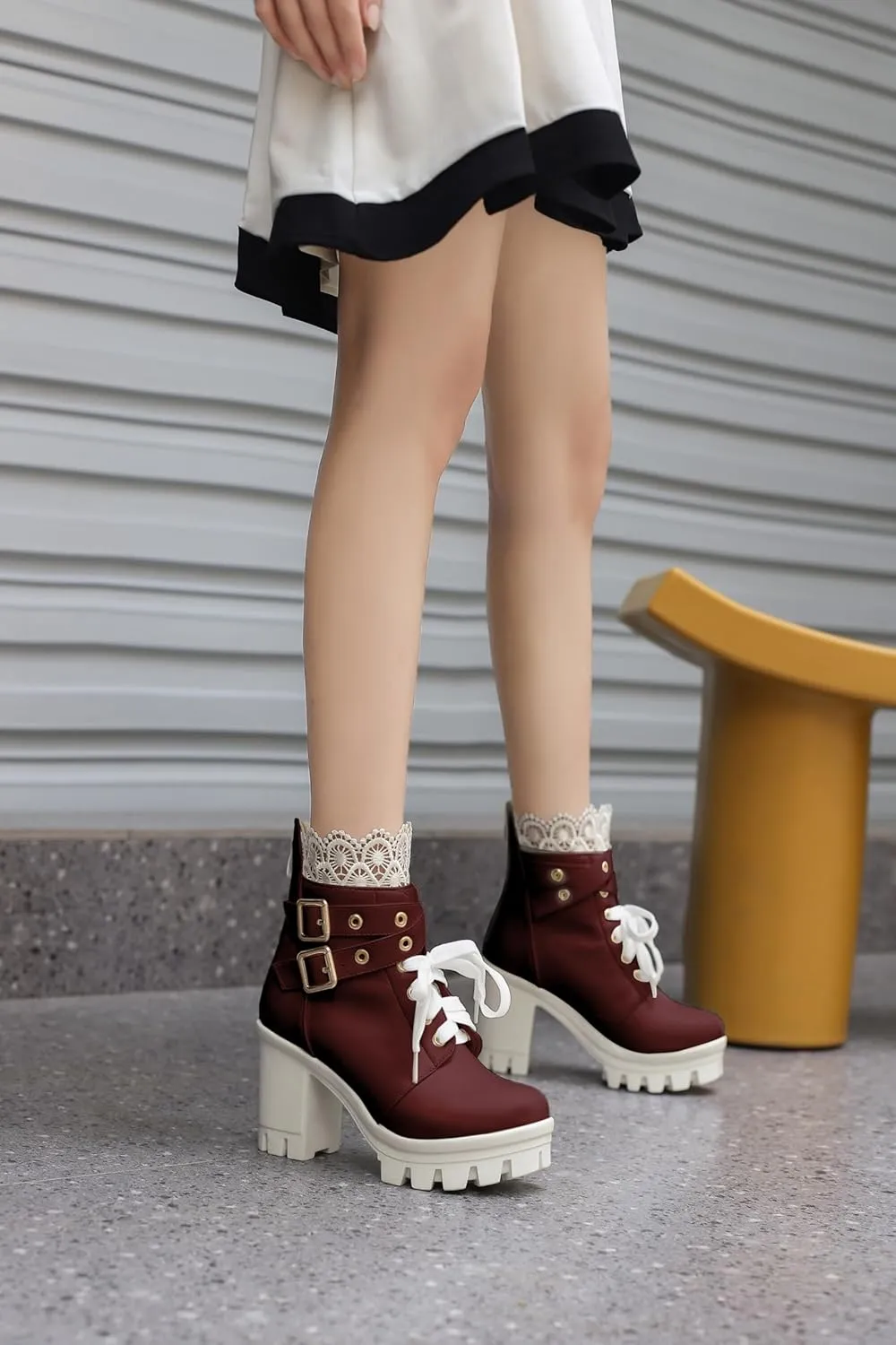 BEAUPAS Women's Chunky Platform High Heel Boots Lace Up Gothic Ankle Booties Block Heel Buckle Punk Shoes