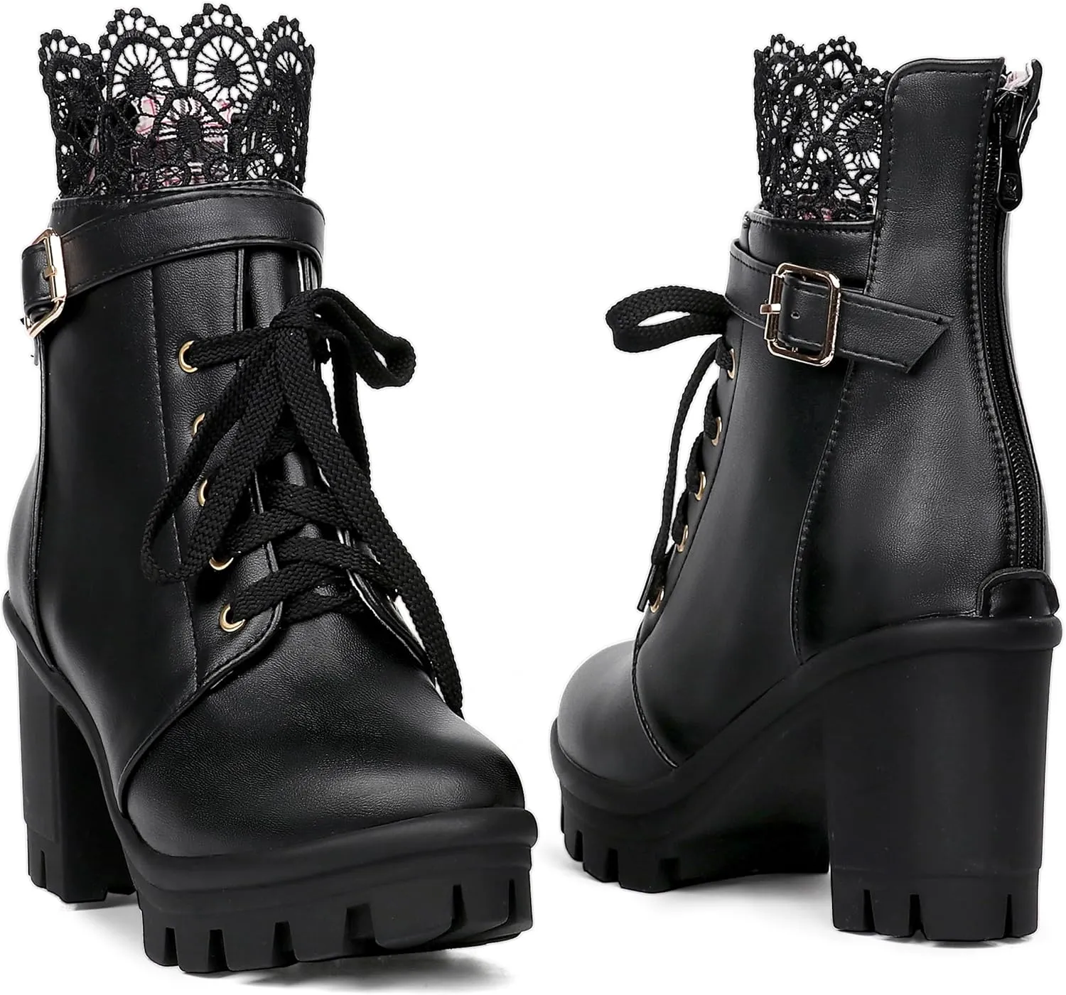 BEAUPAS Women's Chunky Platform High Heel Boots Lace Up Gothic Ankle Booties Block Heel Buckle Punk Shoes