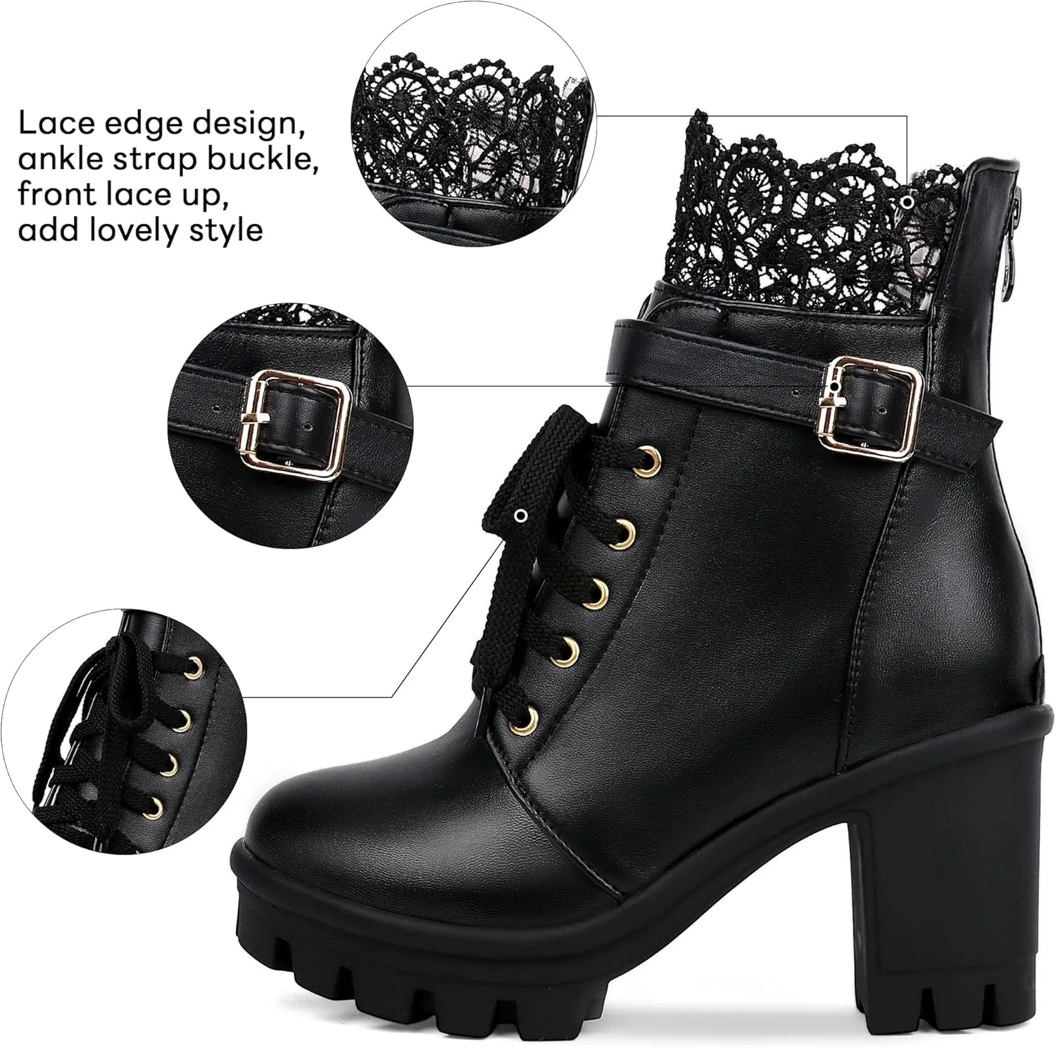 BEAUPAS Women's Chunky Platform High Heel Boots Lace Up Gothic Ankle Booties Block Heel Buckle Punk Shoes