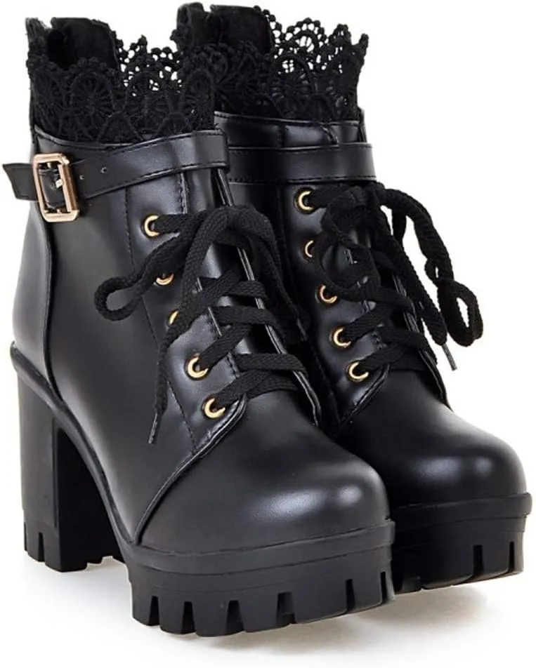 Boots for Women Platform Black Chunky Heel Ankle Booties Lace Buckle Combat Boots with Zipper High Heel Goth Shoes Lace up