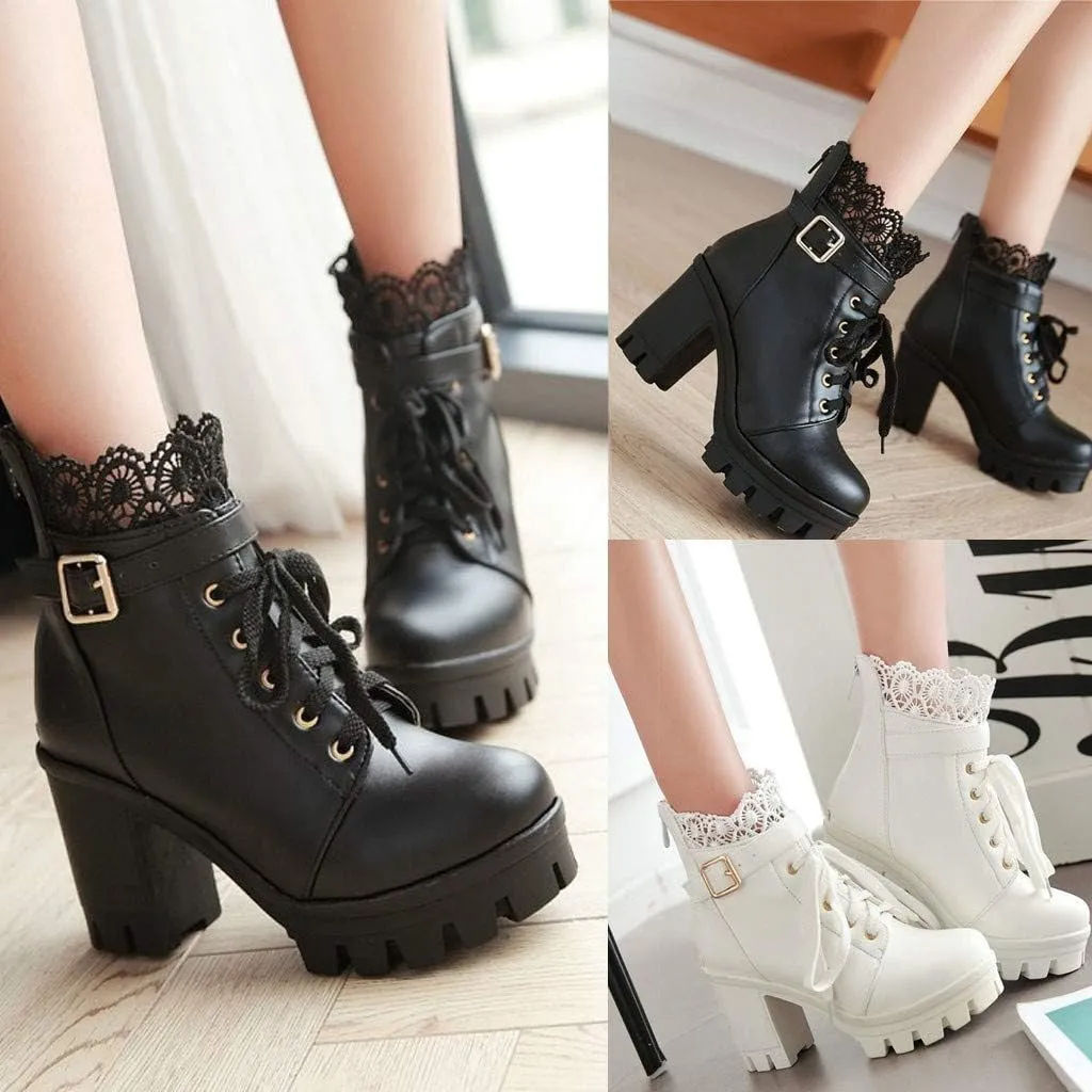 Boots for Women Platform Black Chunky Heel Ankle Booties Lace Buckle Combat Boots with Zipper High Heel Goth Shoes Lace up
