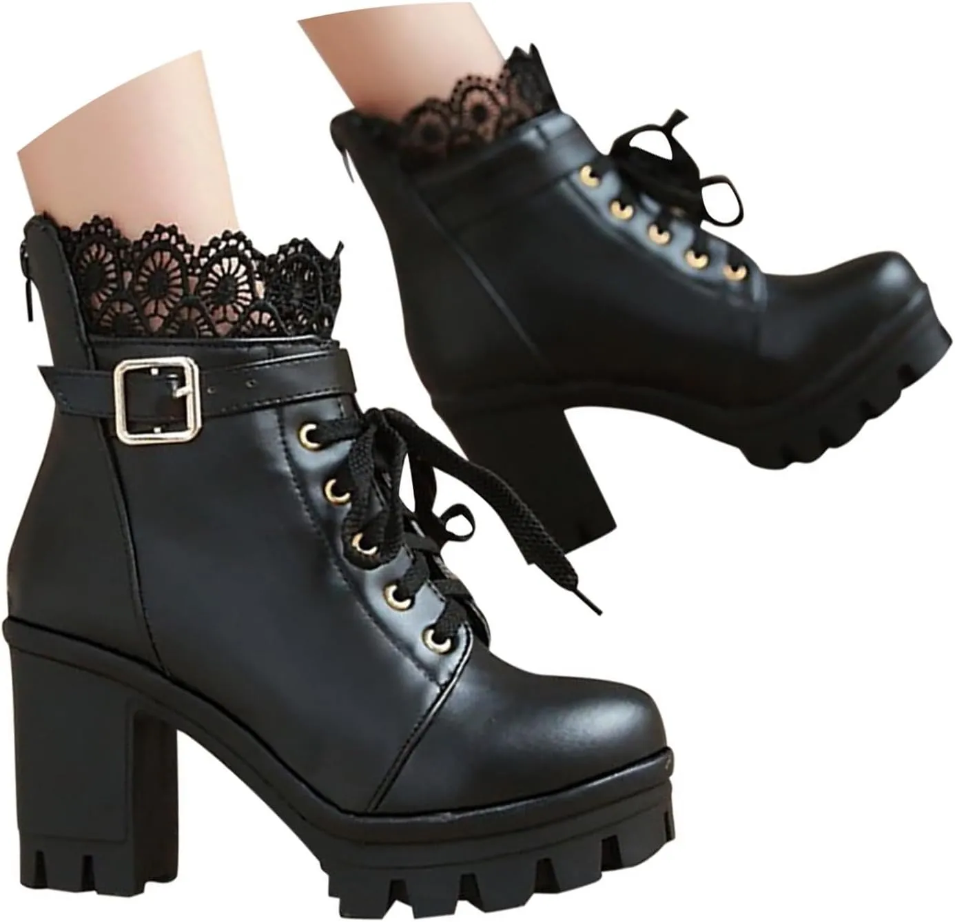 Boots for Women Platform Black Chunky Heel Ankle Booties Lace Buckle Combat Boots with Zipper High Heel Goth Shoes Lace up