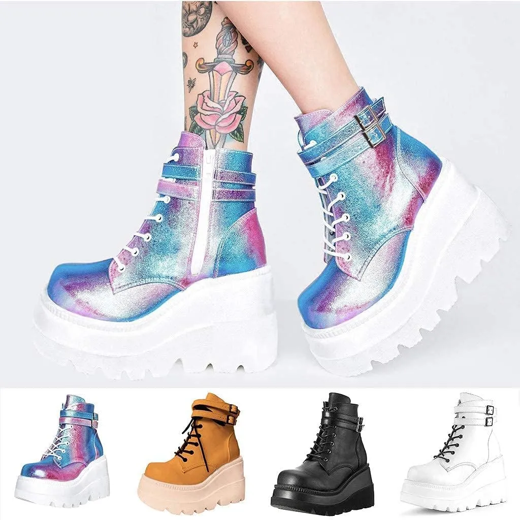 BORAMAX Boots for Women,Fashion Chunky High Heel Ankle Booties Platform Lace up Boots Motorcycle Boots Military Combat Boots