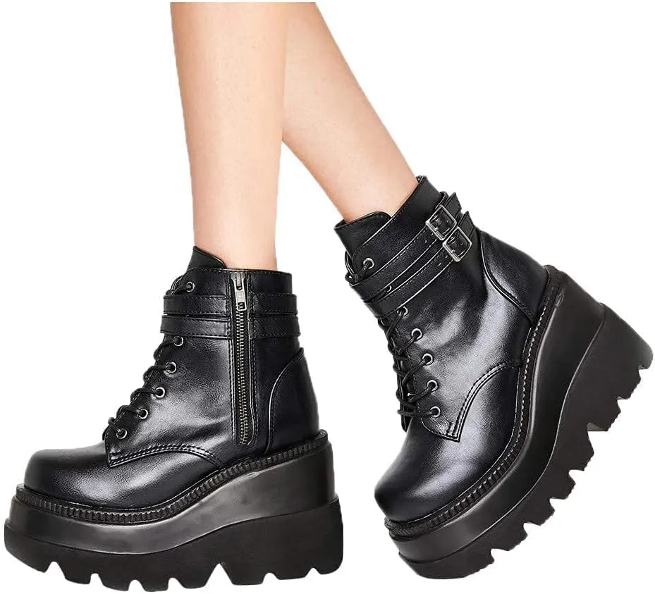 BORAMAX Boots for Women,Fashion Chunky High Heel Ankle Booties Platform Lace up Boots Motorcycle Boots Military Combat Boots