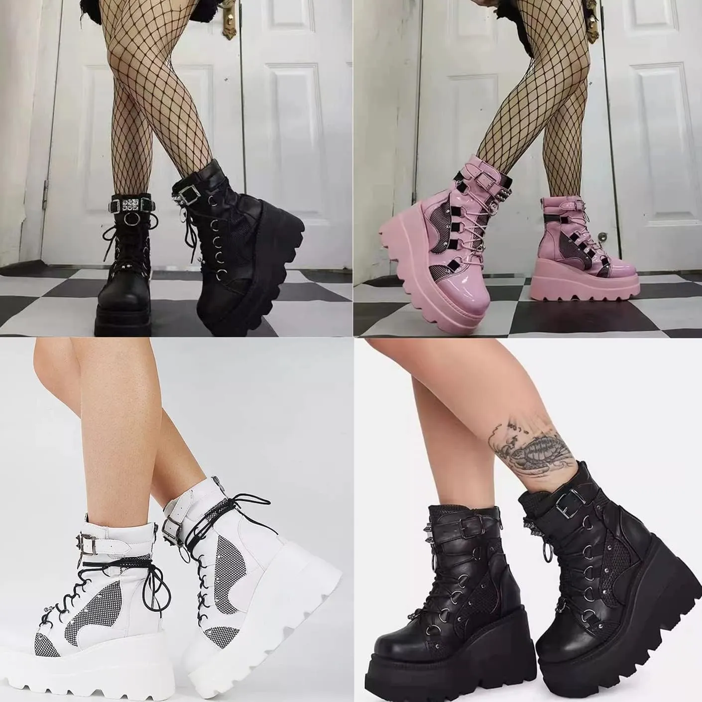 BORAMAX Gothic Platform wedge ankle boots Chunky low block heels Lace up zip Punk Motorcyle Combat Boots for Womens